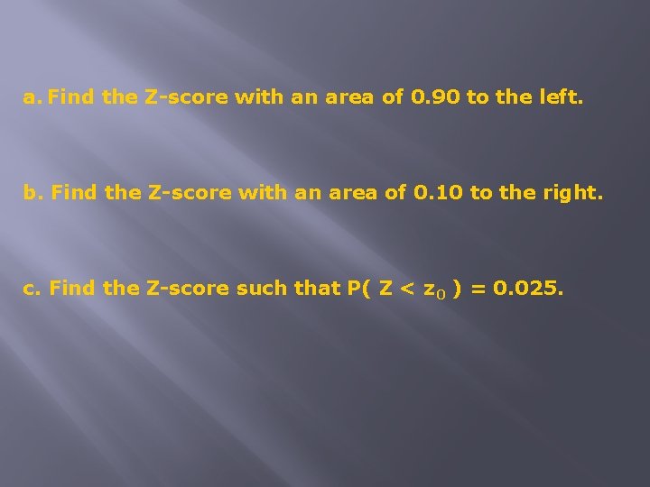a. Find the Z-score with an area of 0. 90 to the left. b.