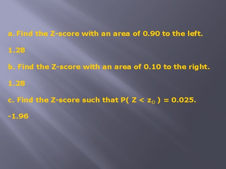 a. Find the Z-score with an area of 0. 90 to the left. 1.