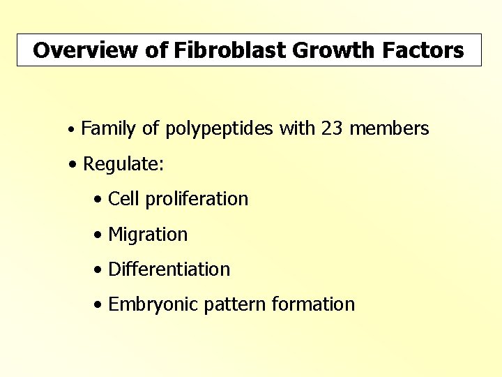 Overview of Fibroblast Growth Factors • Family of polypeptides with 23 members • Regulate: