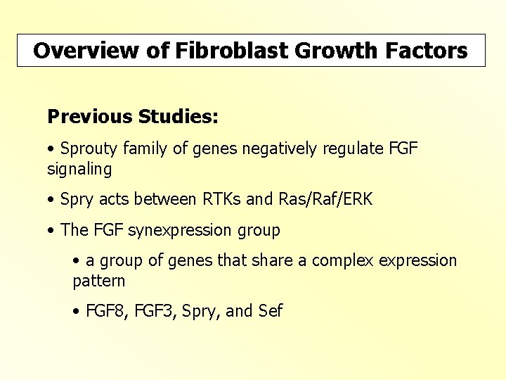 Overview of Fibroblast Growth Factors Previous Studies: • Sprouty family of genes negatively regulate