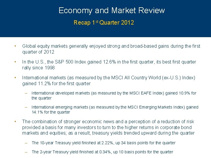 Economy and Market Review Recap 1 st Quarter 2012 • Global equity markets generally