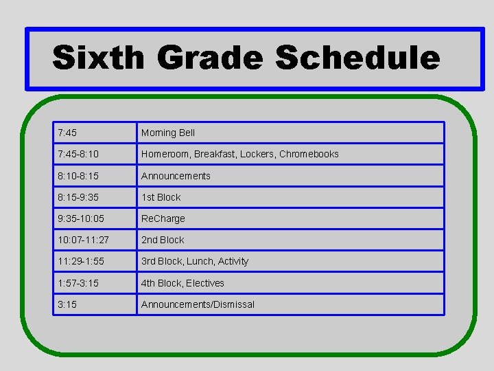 Sixth Grade Schedule 7: 45 Morning Bell 7: 45 -8: 10 Homeroom, Breakfast, Lockers,
