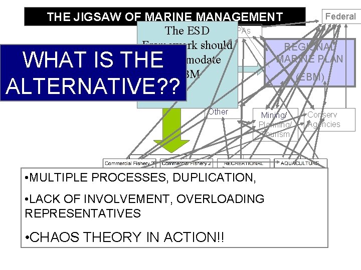 Federal THE JIGSAW OF MARINE MANAGEMENT MPAs The ESD Framework should REGIONAL MARINE PLAN