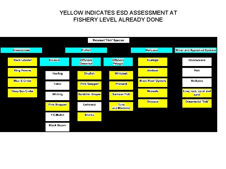YELLOW INDICATES ESD ASSESSMENT AT FISHERY LEVEL ALREADY DONE 