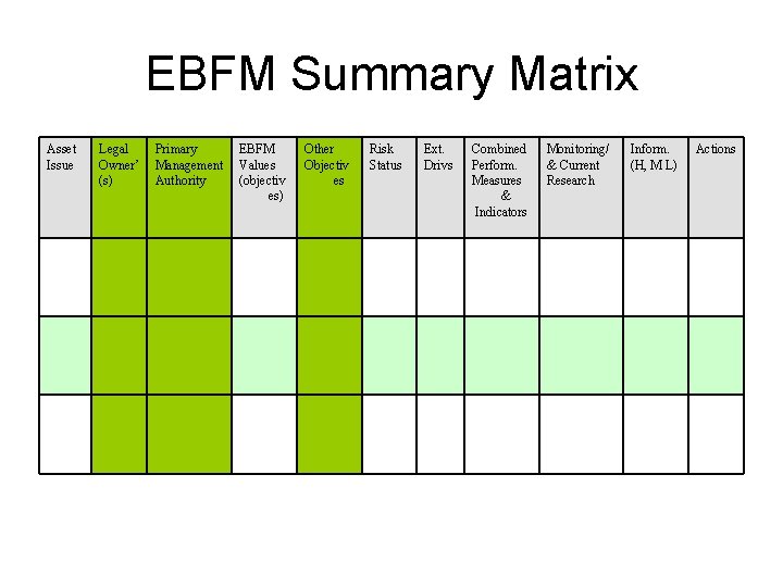 EBFM Summary Matrix Asset Issue Legal Owner’ (s) Primary Management Authority EBFM Values (objectiv