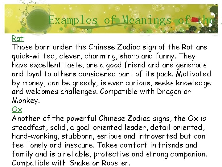 Examples of Meanings of the Z Rat Those born under the Chinese Zodiac sign
