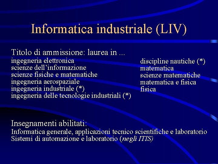Informatica industriale (LIV) Titolo di ammissione: laurea in. . . ingegneria elettronica scienze dell’informazione