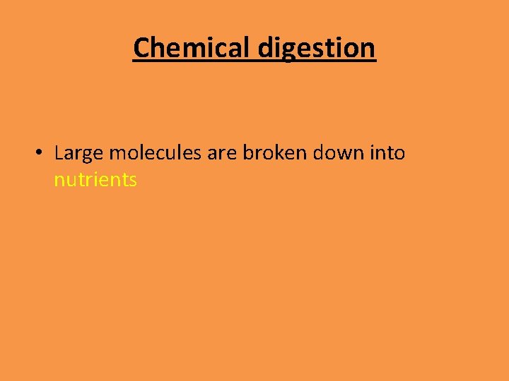 Chemical digestion • Large molecules are broken down into nutrients 