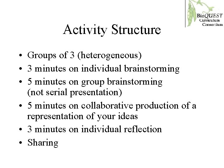 Activity Structure • Groups of 3 (heterogeneous) • 3 minutes on individual brainstorming •