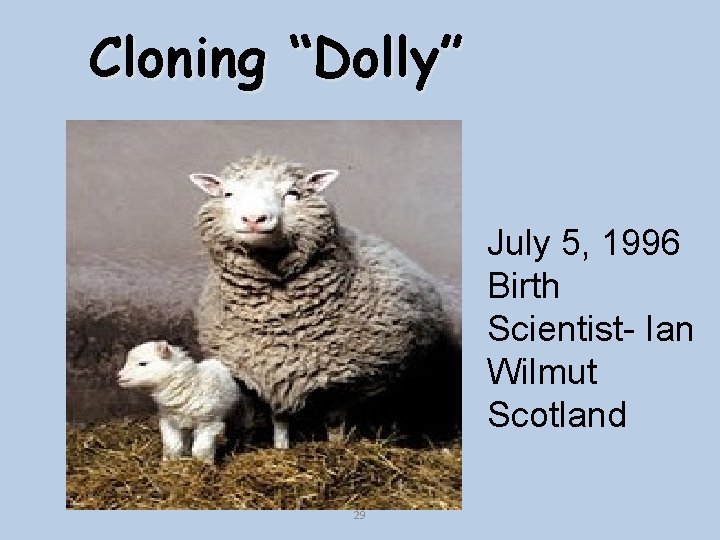 Cloning “Dolly” July 5, 1996 Birth Scientist- Ian Wilmut Scotland 29 
