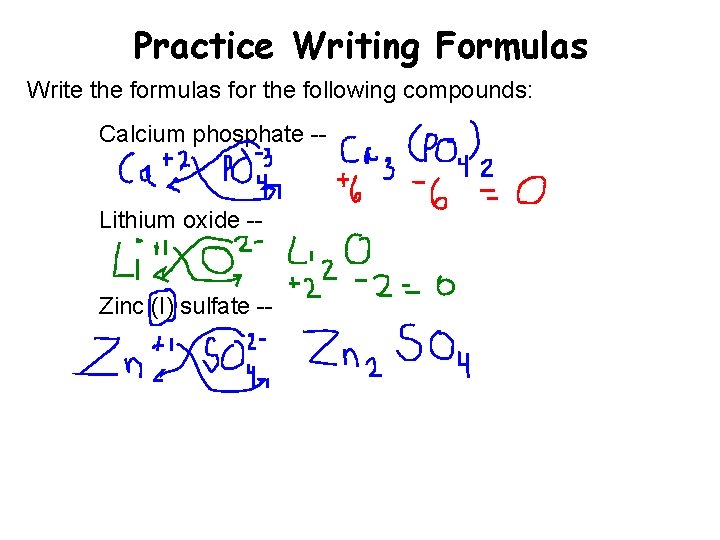 Practice Writing Formulas Write the formulas for the following compounds: Calcium phosphate -Lithium oxide Practice Writing Formulas Write the formulas for the following compounds: Calcium phosphate -Lithium oxide