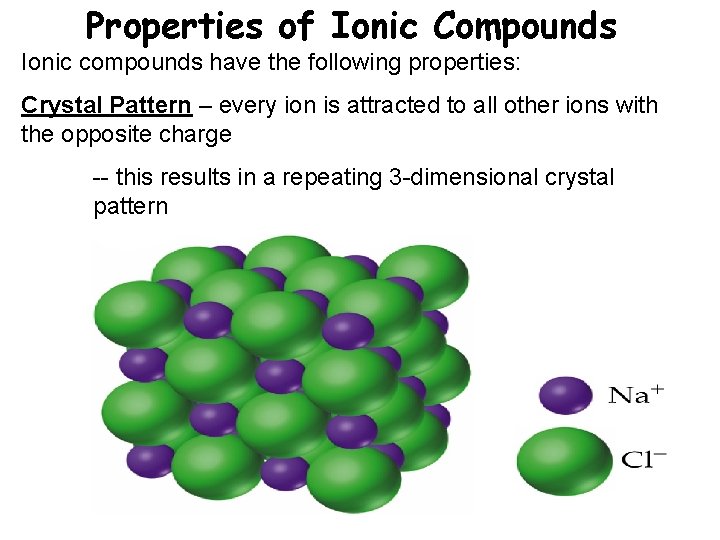 Properties of Ionic Compounds Ionic compounds have the following properties: Crystal Pattern – every
