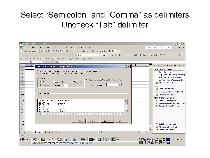 Select “Semicolon” and “Comma” as delimiters Uncheck “Tab” delimiter 