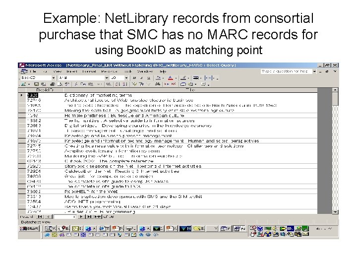 Example: Net. Library records from consortial purchase that SMC has no MARC records for