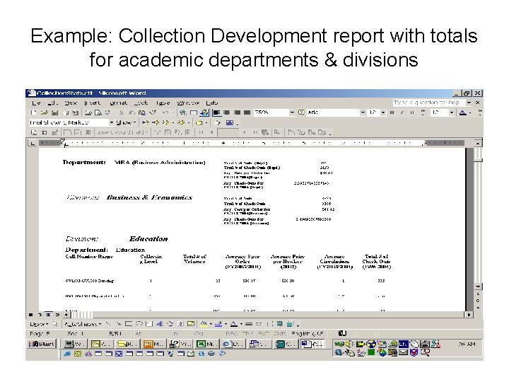 Example: Collection Development report with totals for academic departments & divisions 