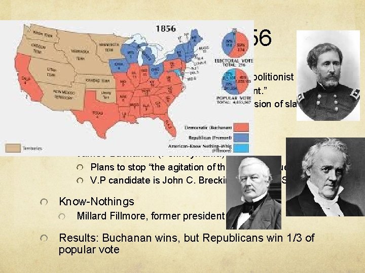 Elections of 1856 Republicans: John C. Fremont- Mexican War hero, abolitionist “Free soil, free
