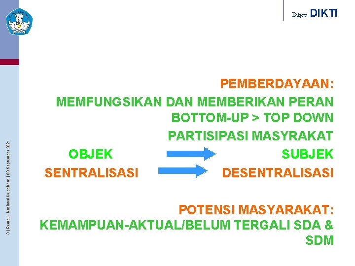 3 | Rembuk Nasional Depdiknas | 08 September 2021 Ditjen DIKTI PEMBERDAYAAN: MEMFUNGSIKAN DAN