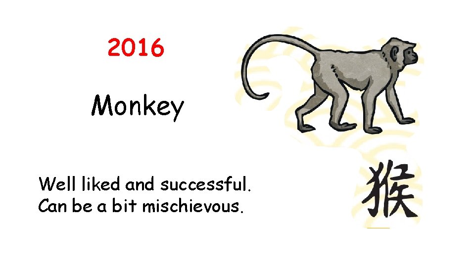 2016 Monkey Well liked and successful. Can be a bit mischievous. 