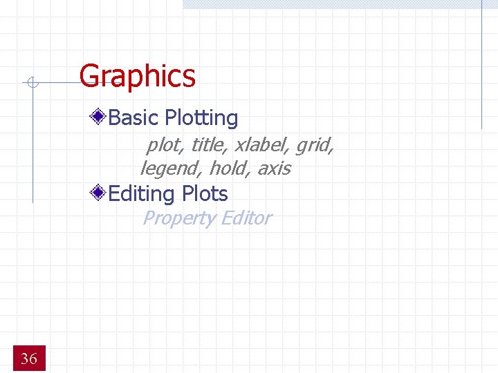 Graphics Basic Plotting plot, title, xlabel, grid, legend, hold, axis Editing Plots Property Editor Graphics Basic Plotting plot, title, xlabel, grid, legend, hold, axis Editing Plots Property Editor