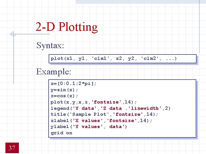 2 -D Plotting Syntax: plot(x 1, y 1, 'clm 1', x 2, y 2, 2 -D Plotting Syntax: plot(x 1, y 1, 'clm 1', x 2, y 2,