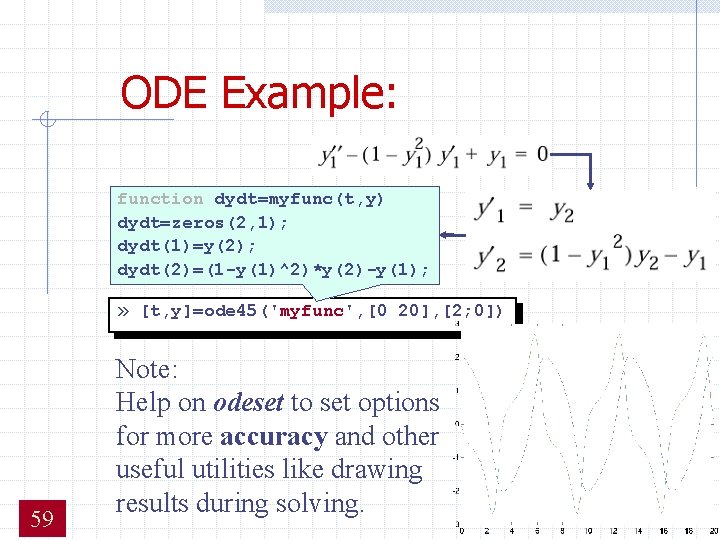 ODE Example: function dydt=myfunc(t, y) dydt=zeros(2, 1); dydt(1)=y(2); dydt(2)=(1 -y(1)^2)*y(2)-y(1); » 59 [t, y]=ode