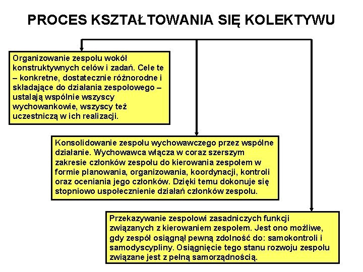 PROCES KSZTAŁTOWANIA SIĘ KOLEKTYWU Organizowanie zespołu wokół konstruktywnych celów i zadań. Cele te –