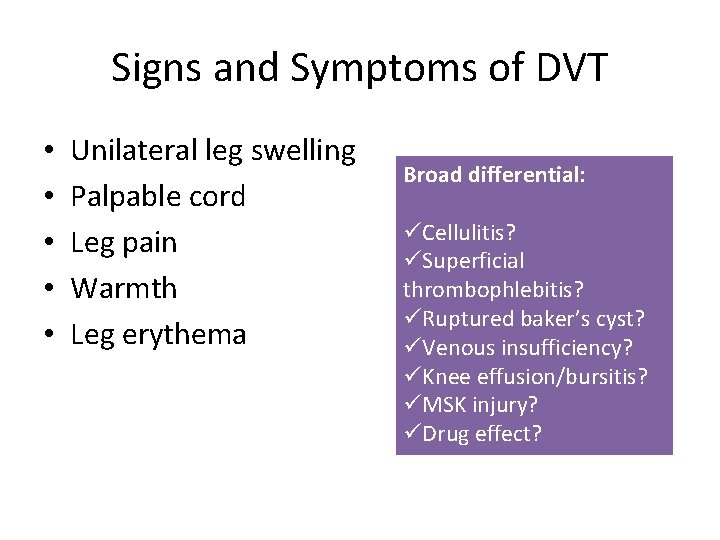 Signs and Symptoms of DVT • • • Unilateral leg swelling Palpable cord Leg