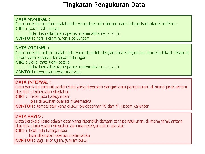 Tingkatan Pengukuran Data DATA NOMINAL : Data berskala nominal adalah data yang diperoleh dengan