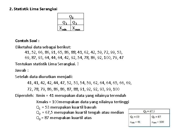 2. Statistik Lima Serangkai Q 2 Q 1 Q 3 Xmin Xmax Contoh Soal