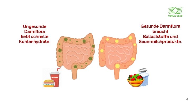 Ungesunde Darmflora liebt schnelle Kohlenhydrate. www. coral-club. com Gesunde Darmflora braucht Ballaststoffe und Sauermilchprodukte.