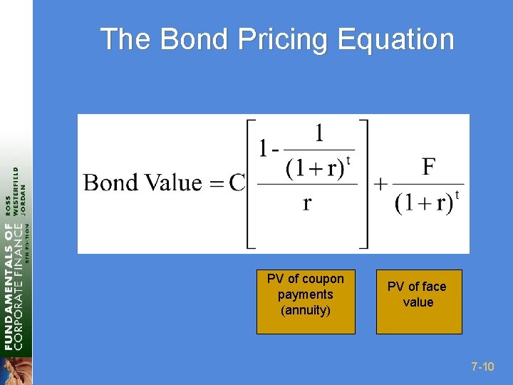 The Bond Pricing Equation PV of coupon payments (annuity) PV of face value 7