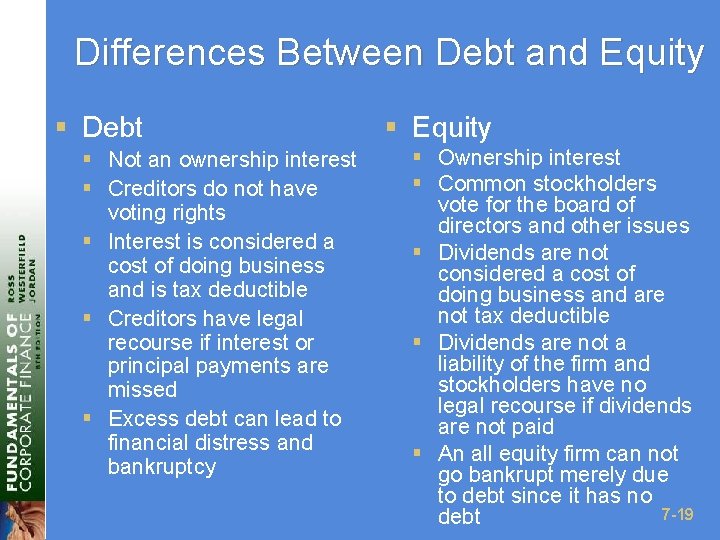 Differences Between Debt and Equity § Debt § Not an ownership interest § Creditors