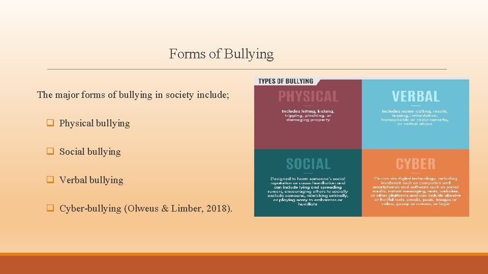 Forms of Bullying The major forms of bullying in society include; q Physical bullying