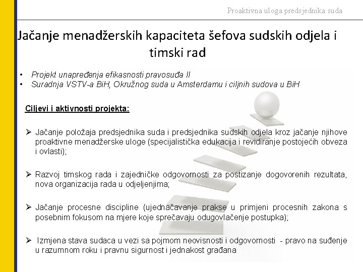 Proaktivna uloga predsjednika suda Jačanje menadžerskih kapaciteta šefova sudskih odjela i timski rad •