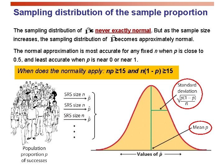 Sampling distribution of the sample proportion The sampling distribution of is never exactly normal.