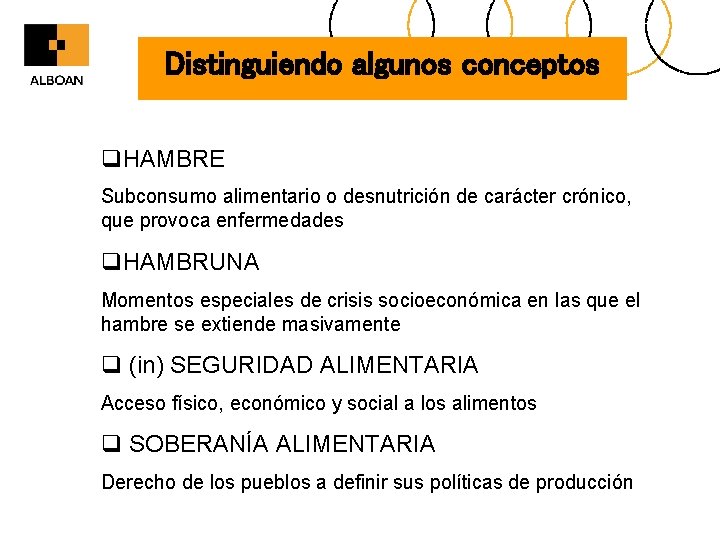 Distinguiendo algunos conceptos q. HAMBRE Subconsumo alimentario o desnutrición de carácter crónico, que provoca