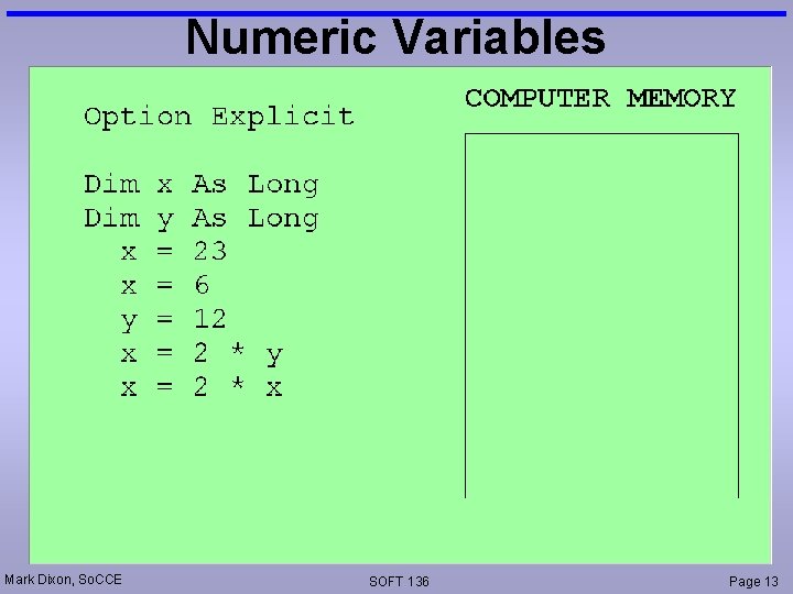 Numeric Variables Mark Dixon, So. CCE SOFT 136 Page 13 