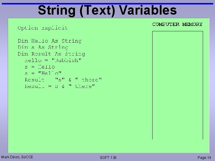 String (Text) Variables Mark Dixon, So. CCE SOFT 136 Page 14 