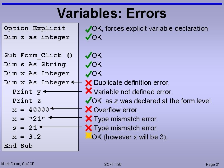 Variables: Errors Option Explicit Dim z as integer OK, forces explicit variable declaration OK