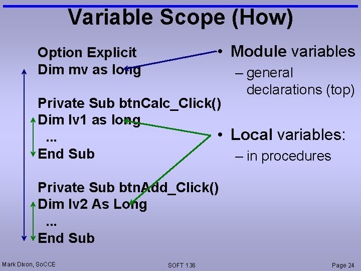 Variable Scope (How) • Module variables Option Explicit Dim mv as long – general