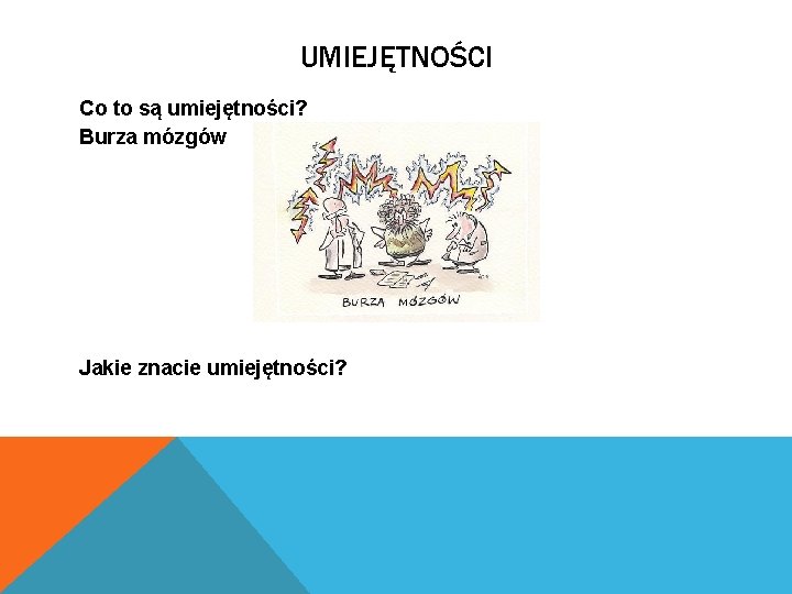 UMIEJĘTNOŚCI Co to są umiejętności? Burza mózgów Jakie znacie umiejętności? 