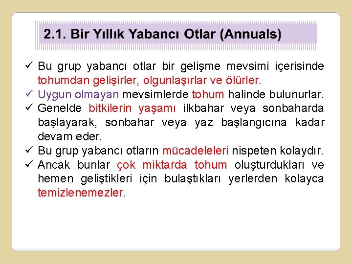 ü Bu grup yabancı otlar bir gelişme mevsimi içerisinde tohumdan gelişirler, olgunlaşırlar ve ölürler.