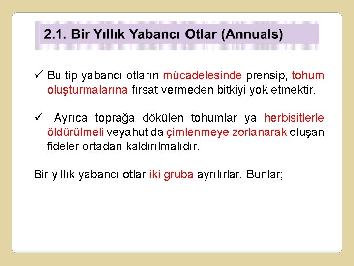 ü Bu tip yabancı otların mücadelesinde prensip, tohum oluşturmalarına fırsat vermeden bitkiyi yok etmektir.