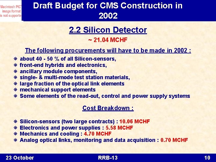 Draft Budget for CMS Construction in 2002 2. 2 Silicon Detector ~ 21. 04