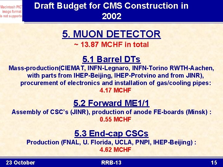 Draft Budget for CMS Construction in 2002 5. MUON DETECTOR ~ 13. 87 MCHF