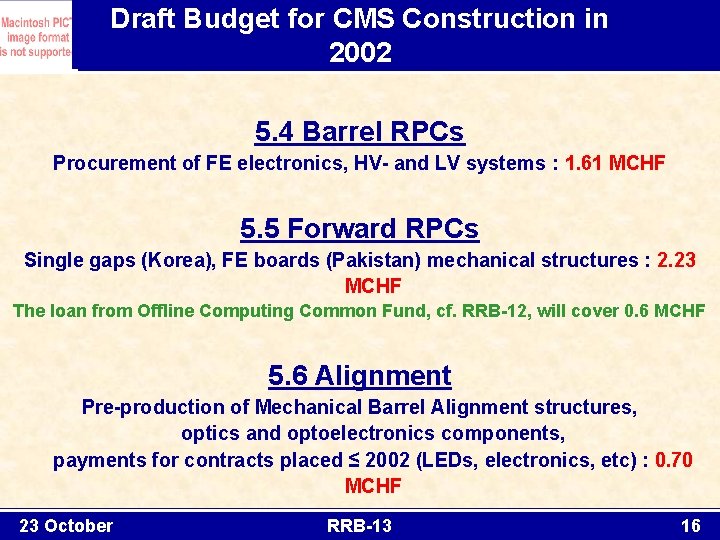 Draft Budget for CMS Construction in 2002 5. 4 Barrel RPCs Procurement of FE