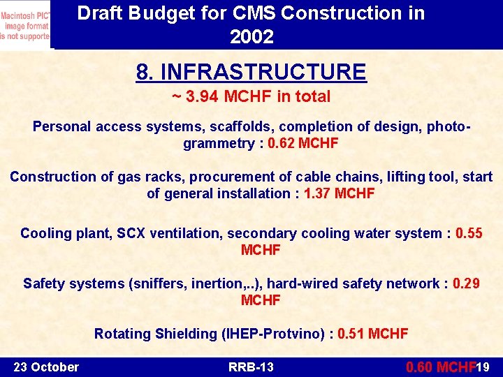 Draft Budget for CMS Construction in 2002 8. INFRASTRUCTURE ~ 3. 94 MCHF in