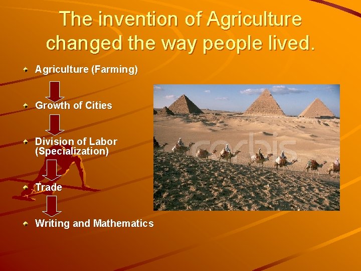 The invention of Agriculture changed the way people lived. Agriculture (Farming) Growth of Cities
