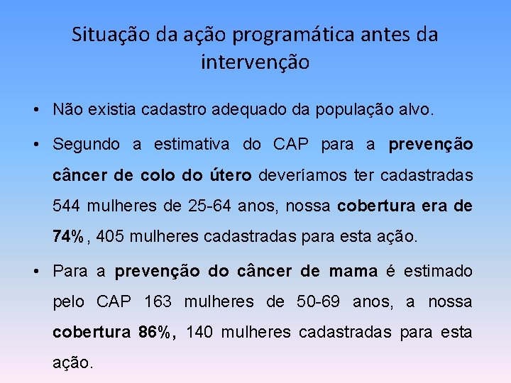 Situação da ação programática antes da intervenção • Não existia cadastro adequado da população