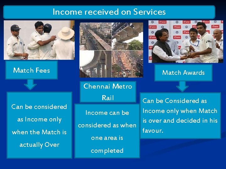 Income received on Services Match Fees Match Awards Chennai Metro Rail Can be considered